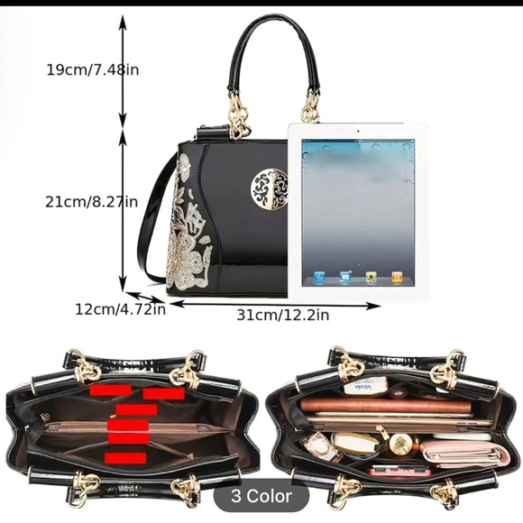 Beautiful NWOT black patent leather handbag with sequin flowers - Picture 5 of 13